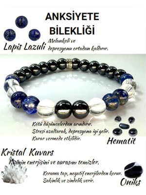 Anksiyete Bilekliği -%100 Doğaltaş- Lapis Lazuli, Kristal Kuvars, Hematit ve Oniks Taşlı Bileklik