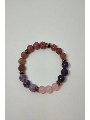 Sertifikalı Güneş Taşı, Lepidolit, Ametist, Rodonit, Pembe Kuvars, Çilek Kuvars ), Doğaltaş Bileklik