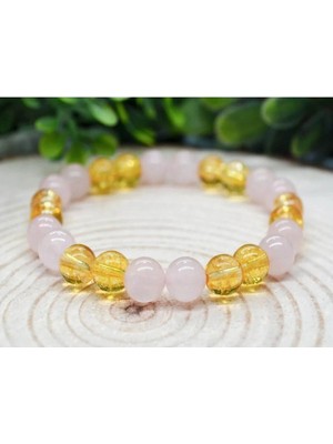 Pembe Kuvars ve Dönüşümlü Sitrin Doğal Taş Bileklik 8 mm
