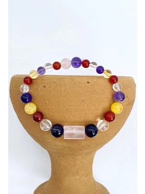 Dönüşümlü Sitrin, Ametist, Pembe ve Kristal Kuvars, Akik Doğal Taş Bileklik 8 mm