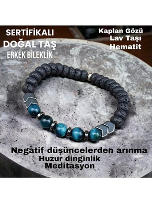 Doğal Taş Erkek Bileklik Mavi Kaplan Gözü& Lav &hematit Taşı