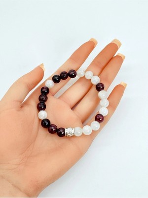 Sertifikalı Ay Taşı & Lal Garnet Doğal Taş Özel Tasarım Bileklik 8 mm