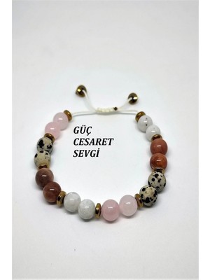 Sertifikalı Güç,cesaret,sevgi (Ay Taşı,pembe Kuvars,güneş Taşı,benekli Jasper,) Doğaltaş Bileklik