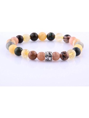 Özel Tasarım 8 mm Bileklik Güneş Taşı - Rodonit - Dönüşümlü Sitrin - Kan Taşı - Sedef -