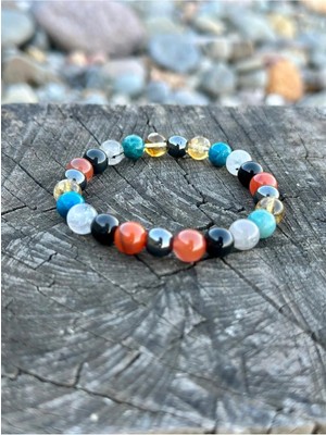 8mm Ikizler Burcu Doğaltaş Bileklik, Apatit-Rutilli Kuvars-Yemen Akik-Sitrin-Obsidyen-Hematit