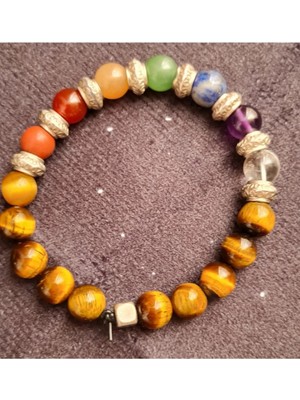 Doğal 7 Çakra Bilekliği Kaplan Gözü, Akik, Yeşim, Ametist, Beyaz Kuvars, Lapis Lazuni, Sitrin