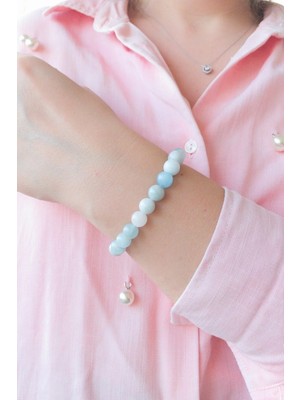 Unisex Doğal Taş Bileklik Akuamarin 5. Boğaz 4. Kalp Çakrası , Koç ve Terazi Burcu Rahatlama Taşı