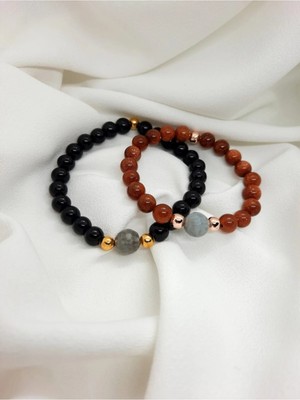 Çift Sevgili Eş Doğal Taş Bileklik Hediyelik Ürün Yıldız Taşı Akuamarin Obsidyen