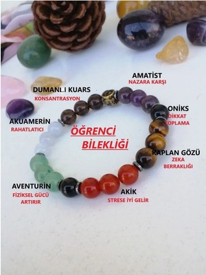Doğal Taş Öğrenci Başarı Bilekliği-Oniks-Aventurin-Kuvars-Akuamerin-K.gözü-Amatist-Akik Taşı