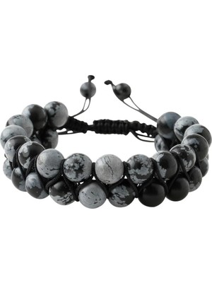 Karlı Obsidyen 8mm Çift Sıra Makrome Doğal Taş Bileklik