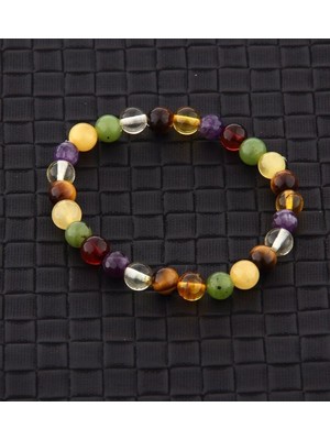 Kaplan Gözü, Kehribar, Yeşim, Ametist Doğal Taş Bileklik 8 mm