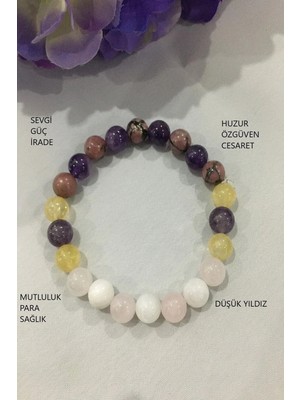 Sertifikalı Sitrin,rodonit,ametist,pembe Kuvars,ay Taşı Doğaltaş Bileklik
