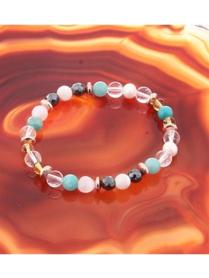 Özel Tasarım Doğal Taş Bileklik 6 mm Inci, Rutilli Kuvars, Hematit, Kehribar, Amazonit