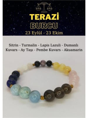 Terazi Burcu Bilekliği Lapislazuli,turmalin, Sitrin, Akuamarin, Pembe Kuvars, Aytaşı, Dumanlı Kuvars