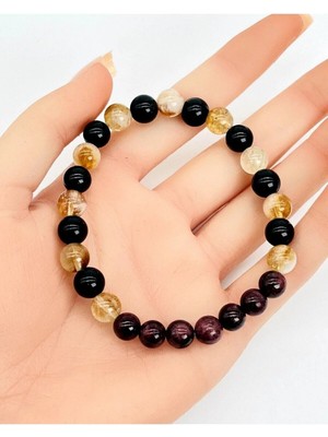 Lal Garnet - Dönüşümlü Sitrin - Obsidyen Bileklik 8 mm Unısex