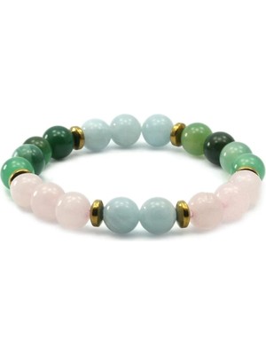 Akuamarin - Pembe Kuvars - Aventurin Doğal Taş Bileklik 8 mm