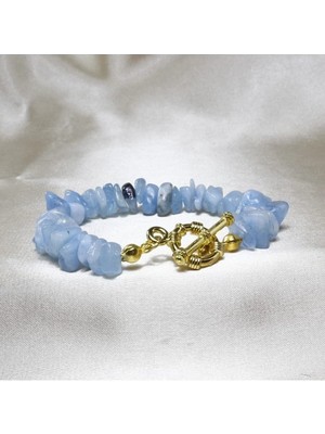 Akuamarin Kırık Taşlı Bileklik | Altın Kaplama Detaylı