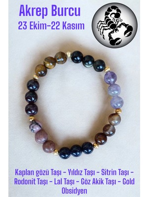 Akrep Burcu Bilekliği (Kaplan Gözü Taşı, Sitrin Taşı, Rodonit, Yıldız, Lal Taşı, Obsidyen, Akik Taş)