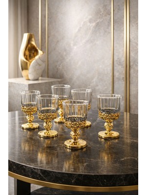 Yzhome 6 Kişilik Cam Gold Ayaklı Kahve Yanı Su Bardağı Kristal Desen Bardak 60ML