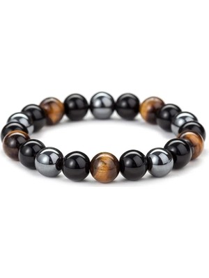 Sertifikalı Obsidyen & Kaplan Gözü & Hematit Doğal Taş Bileklik 8mm
