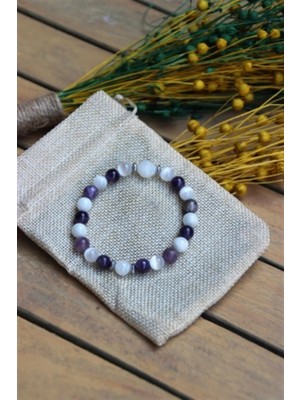 Ay Taşı - Ametist - Selenit Doğal Taş Bileklik 8 mm