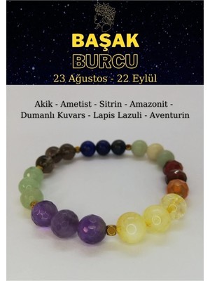 Başak Burcu Bilekliği Ametist, Akik, Aventurin, Lapis Lazuli, Dumanlı Kuvars, Sitrin, Amazonit