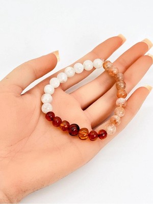 Sertifikalı Kehribar & Ay Taşı - Güneş Taşı Doğal Taş Özel Tasarım Bileklik 8 mm