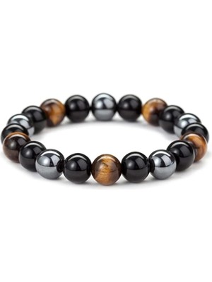 Kaplan Gözü - Hematit ve Oniks Taş Bileklik Sağlık Mıknatısı, Erkek- Kadın Doğal Taş Bileklik