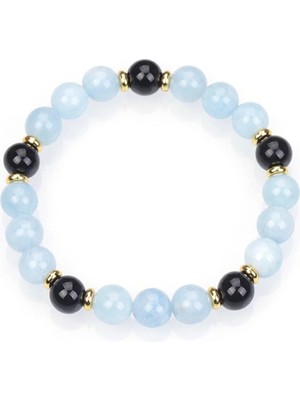 Obsidyen &amp; Akuamarin Doğal Taş Bileklik 8mm