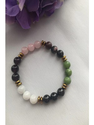 Sertifikalı Aşk Mıknatısı Doğaltaş Bileklik -Ay Taşı,yeşim,ametist,pembe Kuvars, Lal,rodonit,oniks