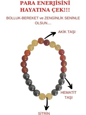 Para Bereket ve Zenginlik Doğal Taş Tılsım Bilekliği Hematit, Sitrin, Akik Taşı Doğal Taş Bileklik