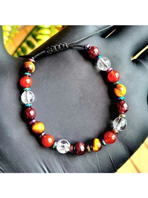 Aslan Burcu Doğal Taş Bileklik > Kaplangözü - Karnelyan Akik - Kırmızı Garnet - Kristal Kuvars