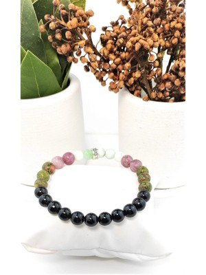 Siyah Turmalin Unakit Lepidolit Krizopraz Elastik Bileklik