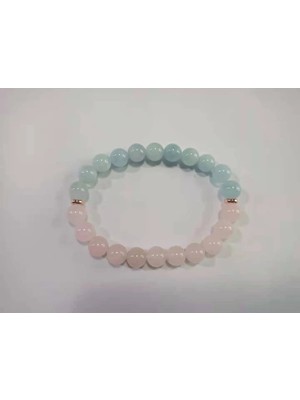Pembe Kuvars & Akuamarin Doğal Taş Bileklik 8mm