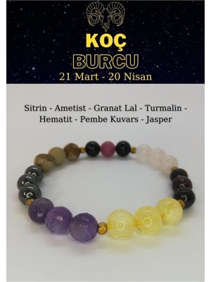 Koç Burcu Bilekliği Ametist, Sitrin, Hematit, Jasper, Pembe Kuvars, Turmalin, Granat Lal
