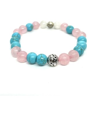 Doğaltaş Kadın Cazibe Bilekliği (Ay Taşı Pembe Kuvars Turkuaz Doğal Taş Bileklik)