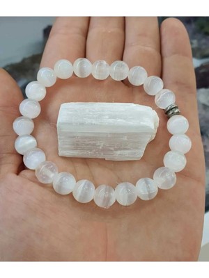 Selenit 8mm Doğal Taş Bileklik Selenit Taşı Hediyeli (Sertifikalı)