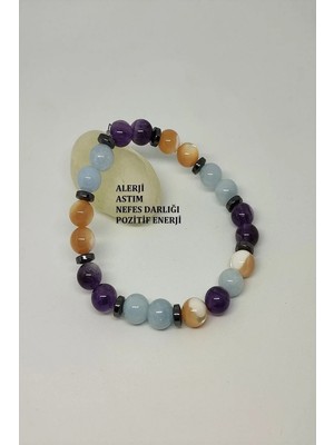 Sertifikalı Akuamarin, Esmer Sedef, Ametist, Hematit Doğaltaş Bileklik