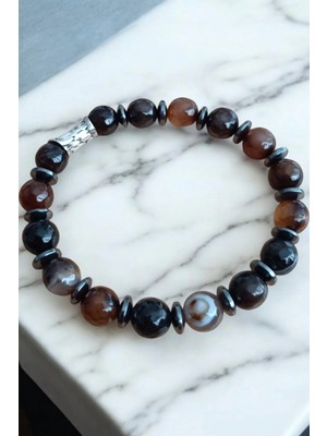 Akik Hematit Bileklik Siyah Kahverengi Desenli Akik Taşı Bileklik  10 mm Akik Taşı Bileklik