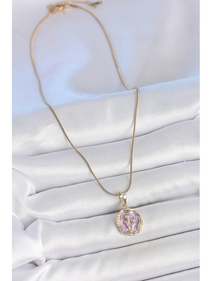 Aesco 316L Çelik Gold Renk Zincir Mor Mineli Çiçek Işlemeli Portre Model Kadın Kolye - Lisinya