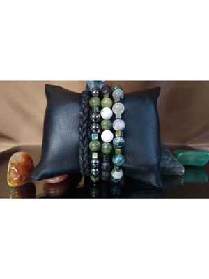 Erkek Doğal Taş Sertifikalı Bileklik. Hematit, Akik, Yeşim, Havlit, Lav Taşı, Deri Bileklik