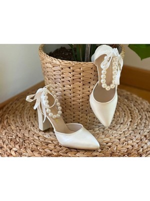 İlkinin Pabuçları Incili Bilek Detaylı Düğün Ayakkabısı ,sedef Ekru Ayakkabı, 9cm Kkalın Topuklu Rahat Gelin Ayakkabısı