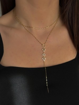 Luseda VIP Gold Geometrik Y Kadın Kolye 40+5 cm Ayarlanabilir Premium Zincir