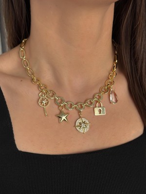 Luseda Yıldız & Kilit & Pusula Figürlü Gold Ayarlanabilir 45+5 cm Kalın Zincir Kolye