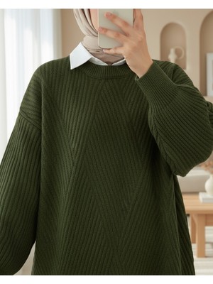 Modamorfo Bisiklet Yaka Baklava Desen Triko Kazak               -Haki