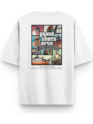 Overoz Gta San Andreas Sırt Baskılı Yarı Oversize Beyaz T-Shirt 1364