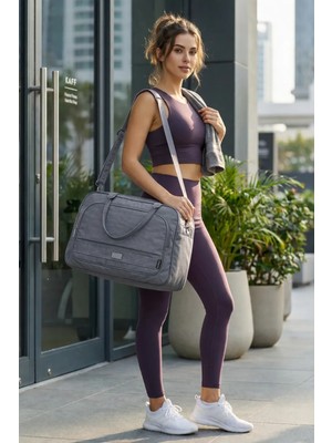 Kaff Gri Krinkıl Kumaş 00816 Unisex Önü Cepli Suya Dayanıklı Geniş Omuz Askılı El Spor Seyahat Çantası