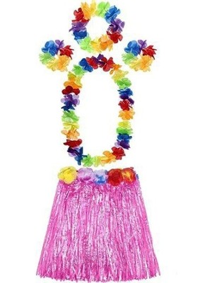 İsmiyle Al Yetişkin ve Çocuk Uyumlu Luau Aloha Hawaii Pembe Etek ve Renkli Kolye Taç 2 Adet Bileklik Seti