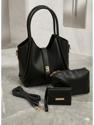 Riema Kadın 4’lü Kombin Çanta Seti Makyaj Çantalı Siyah Fermuarlı El Omuz Cüzdan Bilek Askılı Çanta Seti