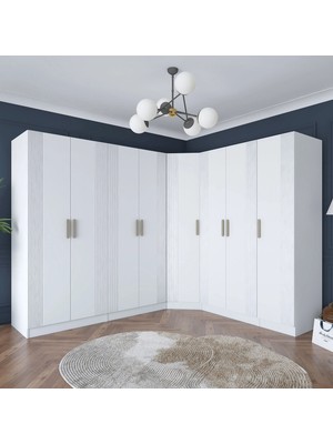 Rani BA184 Köşe Membran Kapaklı Gardırop 8 Kapaklı 2 Çekmeceli 18 Raflı 4 Askılı Modüler Dolap Beyaz